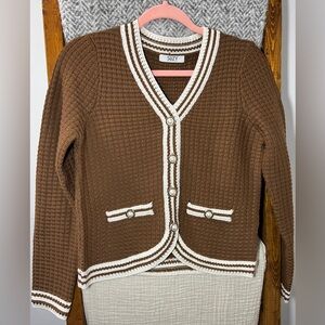 Suzy Shier Brown Knit Cardigan with Cream Trim